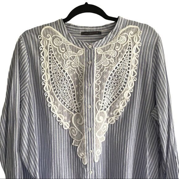 Marks & SPENCER Cotton Striped Button Front Shirt Blouse Lace Blue White XL - Picture 2 of 7